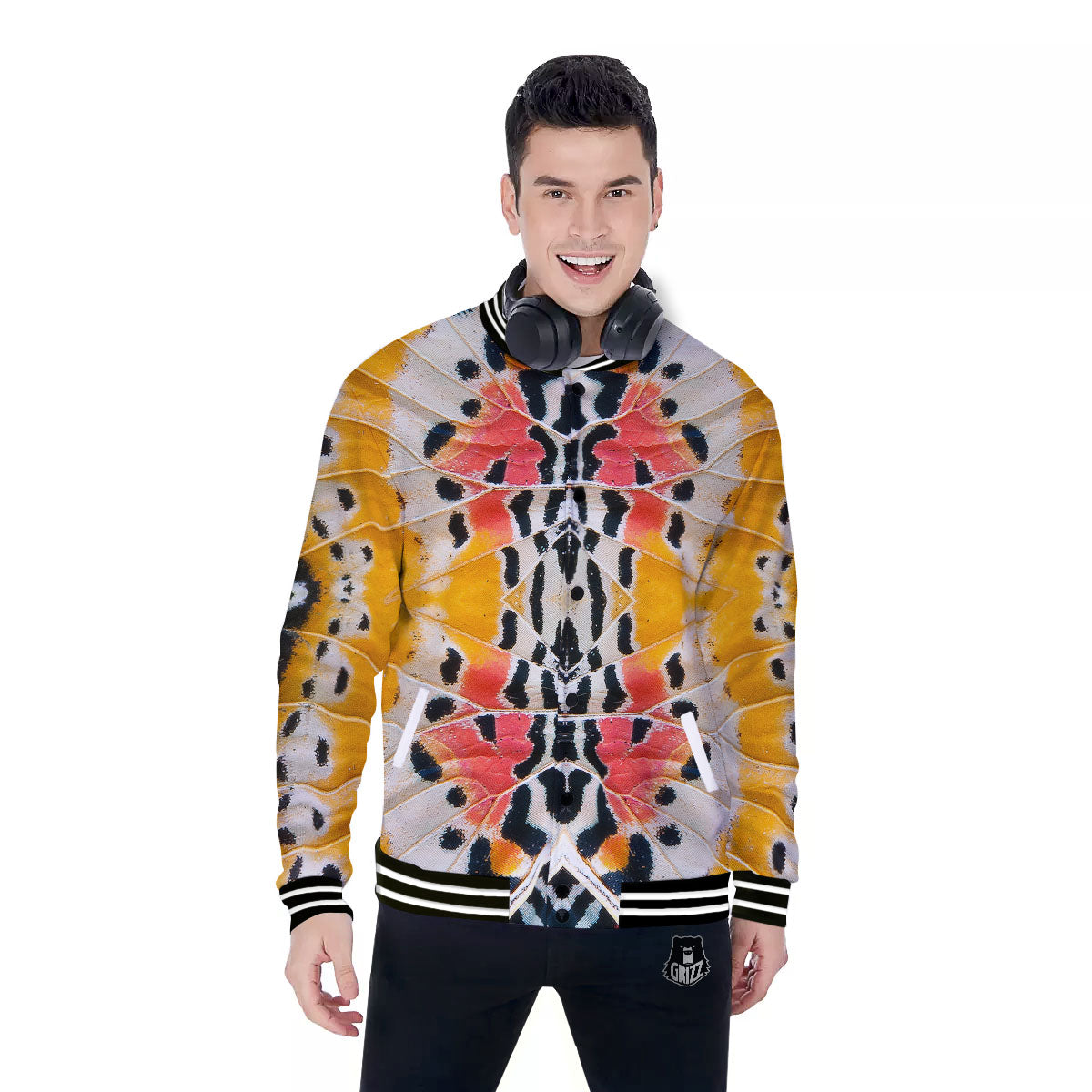 Butterfly Wings Orange Monarch Print Baseball Jacket-grizzshop