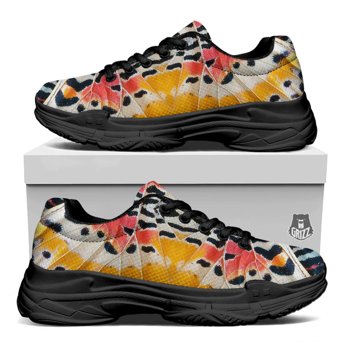 Butterfly Wings Orange Monarch Print Black Chunky Shoes-grizzshop