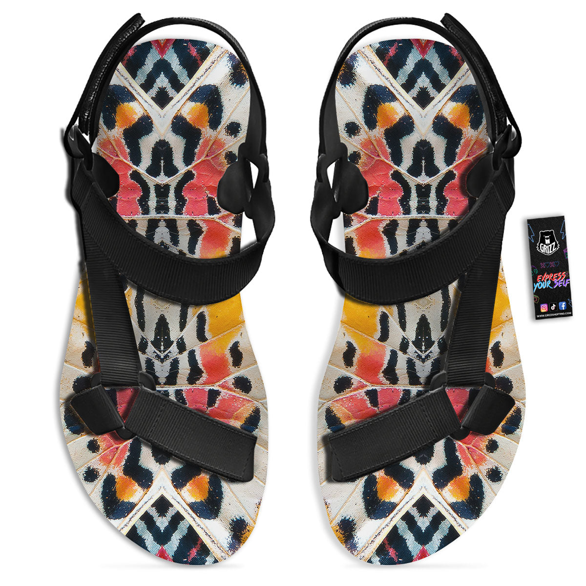 Butterfly Wings Orange Monarch Print Black Open Toe Sandals-grizzshop