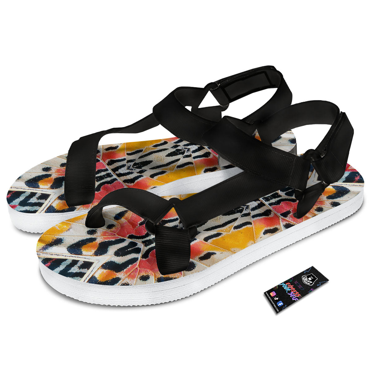 Butterfly Wings Orange Monarch Print Black Open Toe Sandals-grizzshop