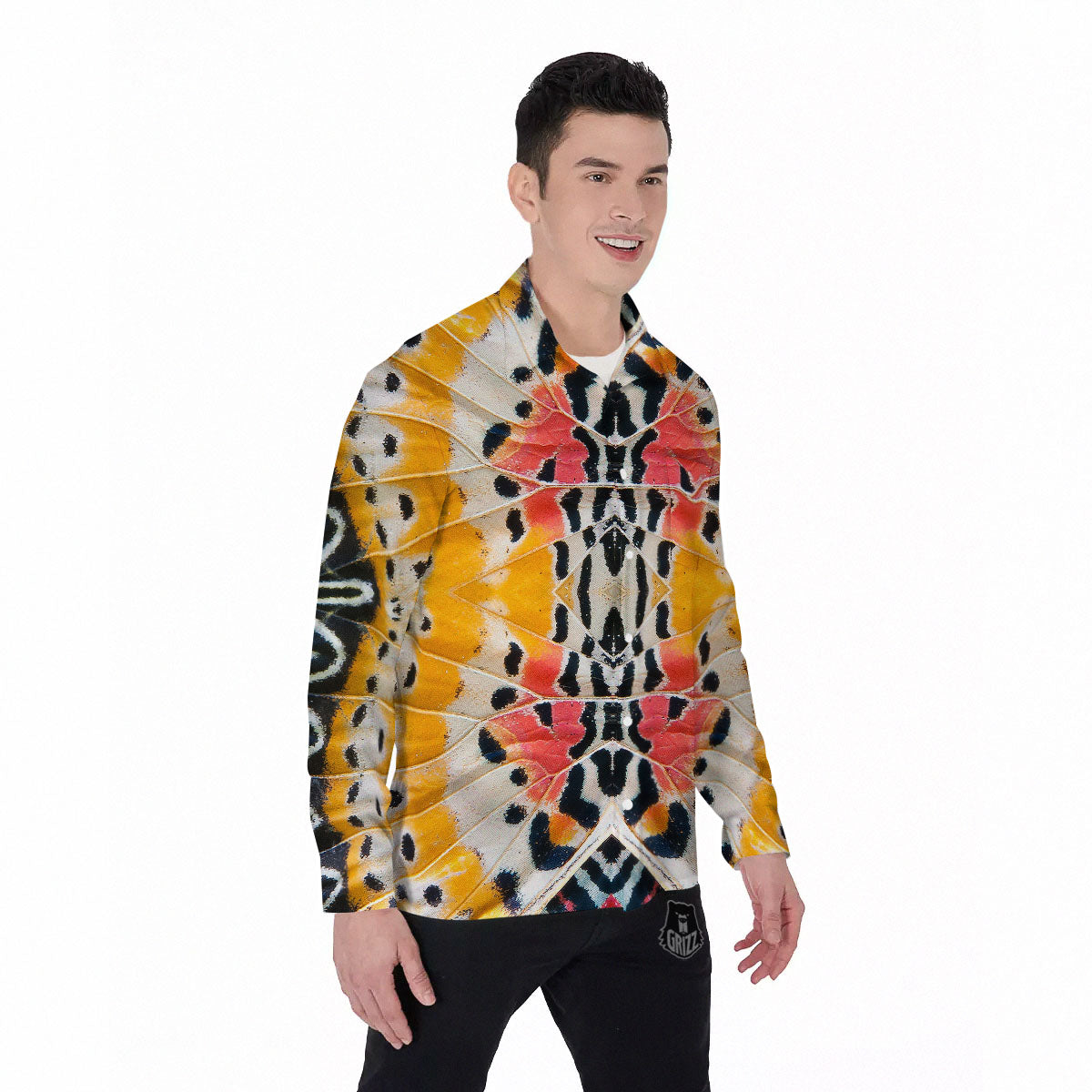 Butterfly Wings Orange Monarch Print Men's Long Sleeve Shirts-grizzshop