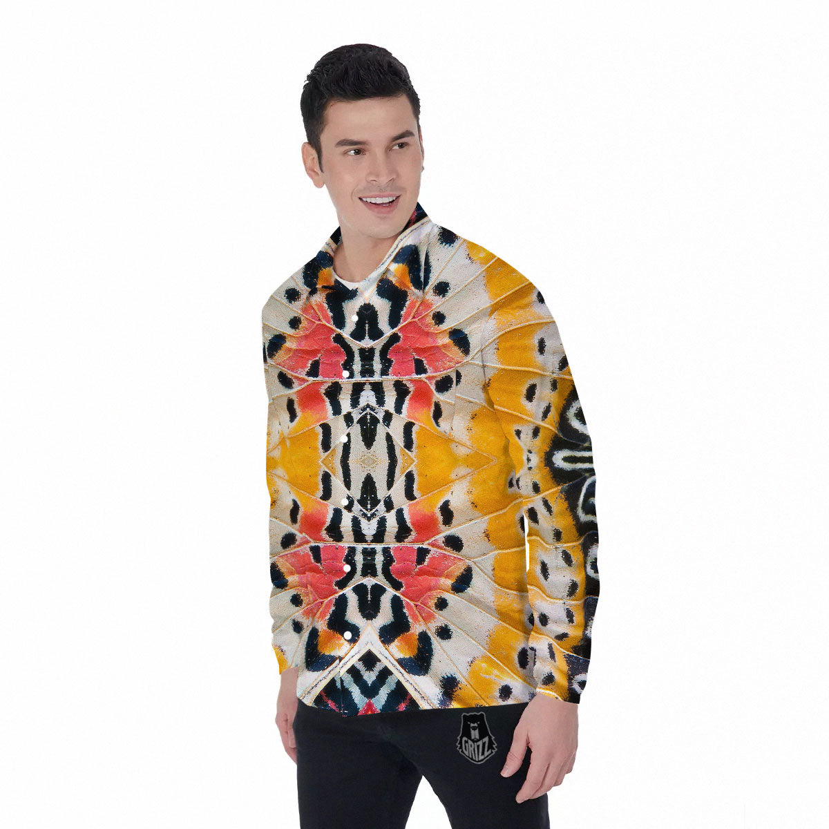 Butterfly Wings Orange Monarch Print Men's Long Sleeve Shirts-grizzshop