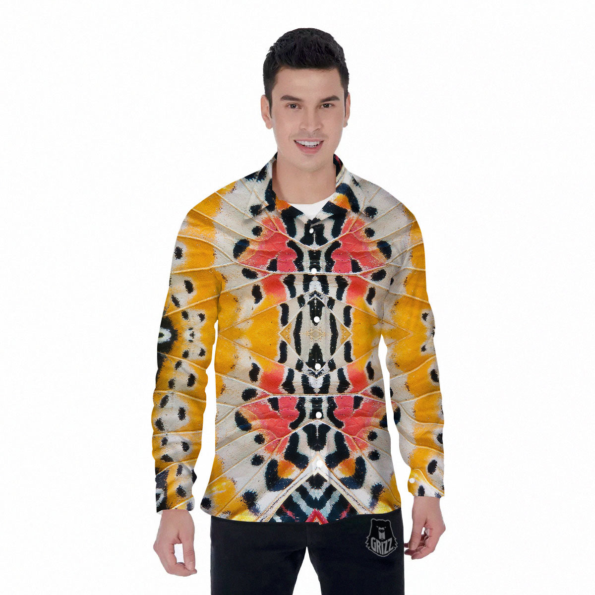Butterfly Wings Orange Monarch Print Men's Long Sleeve Shirts-grizzshop