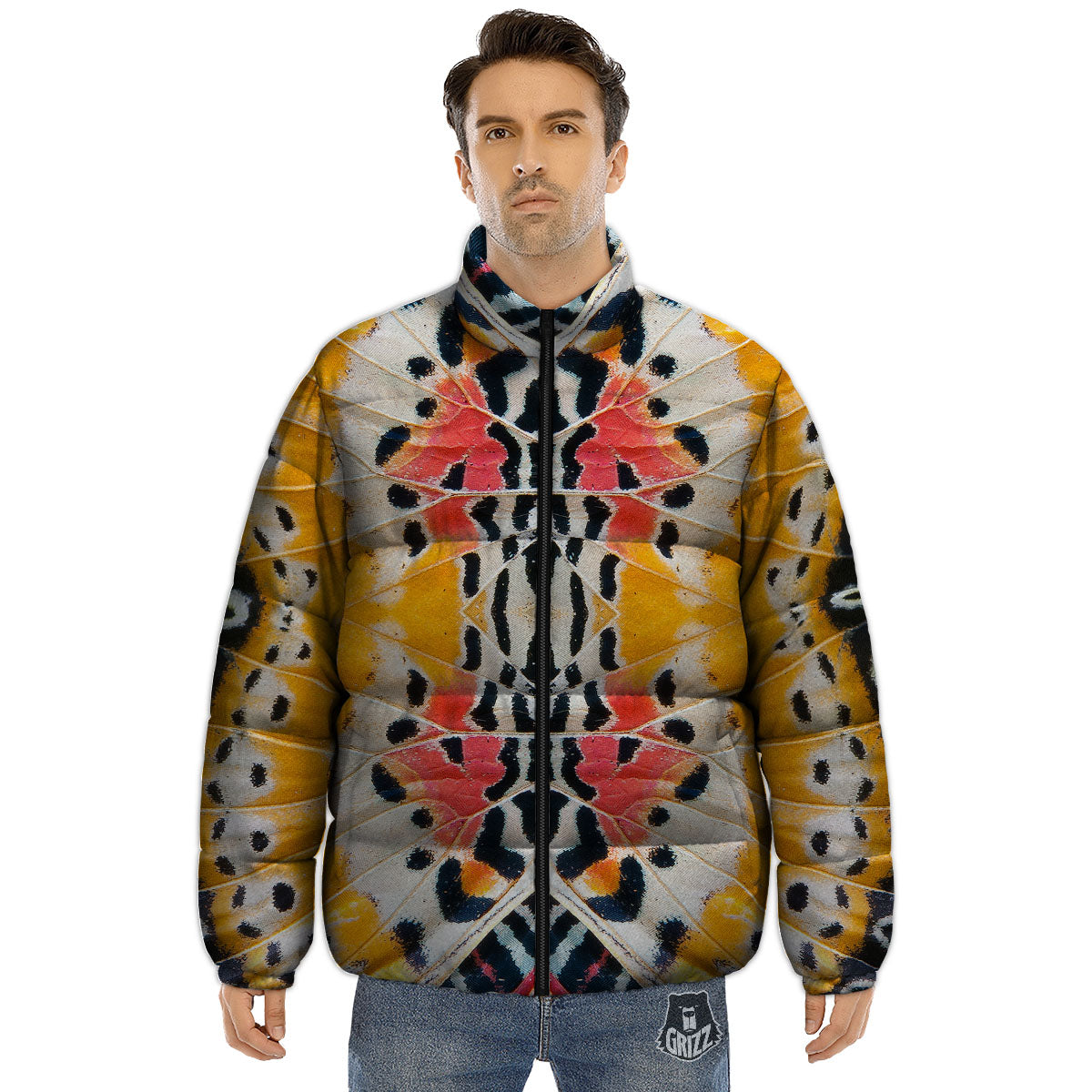 Butterfly Wings Orange Monarch Print Puffer Jacket-grizzshop