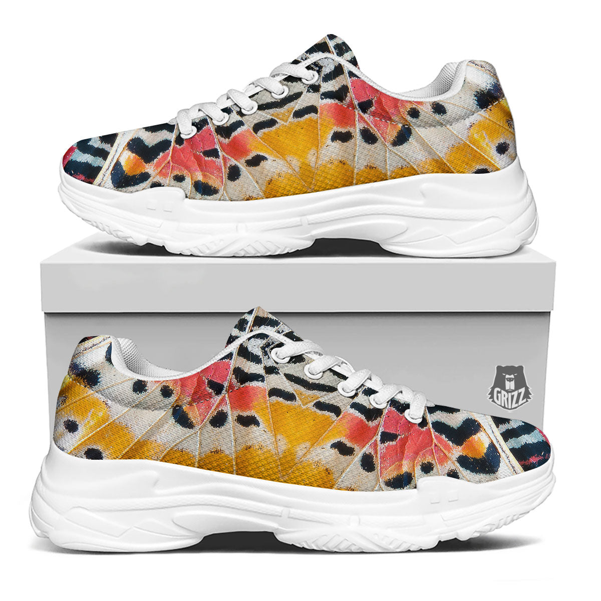 Butterfly Wings Orange Monarch Print White Chunky Shoes-grizzshop