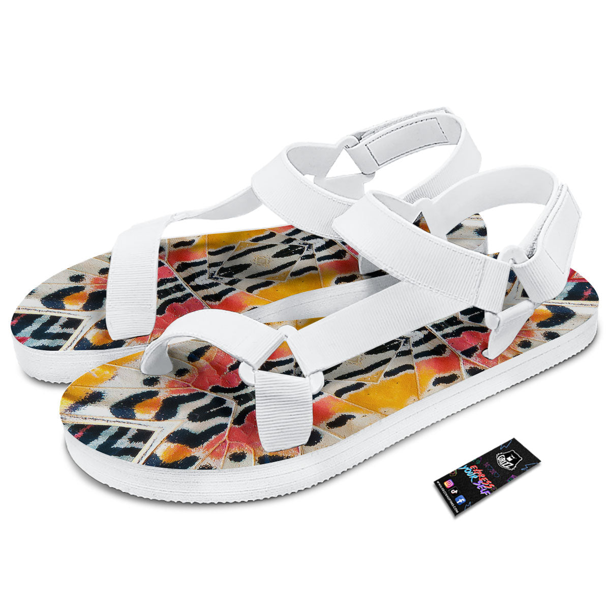 Butterfly Wings Orange Monarch Print White Open Toe Sandals-grizzshop