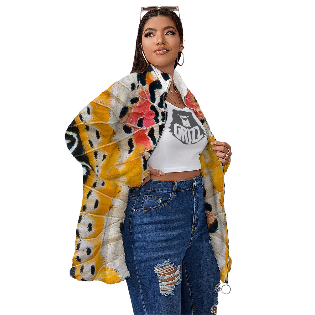 Butterfly Wings Orange Monarch Print Women's Sherpa Jacket-grizzshop