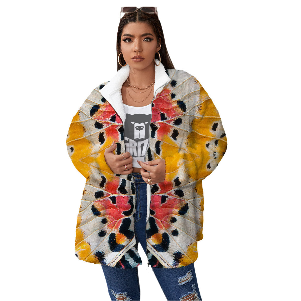 Butterfly Wings Orange Monarch Print Women's Sherpa Jacket-grizzshop