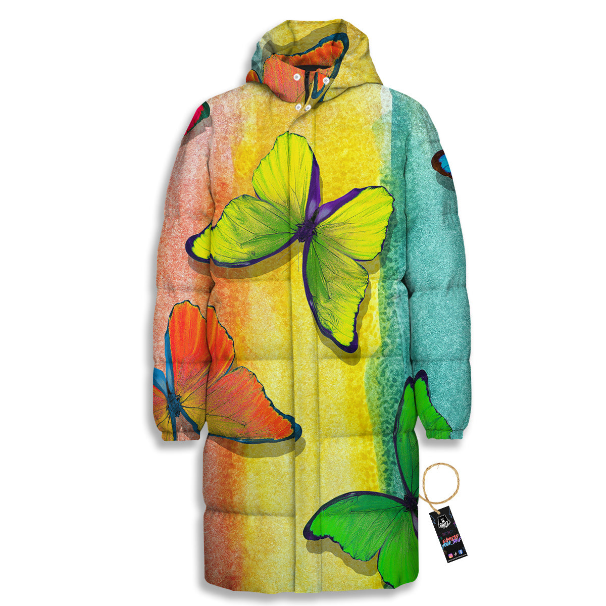 Butterfly Colorful Watercolor Print Long Down Jacket