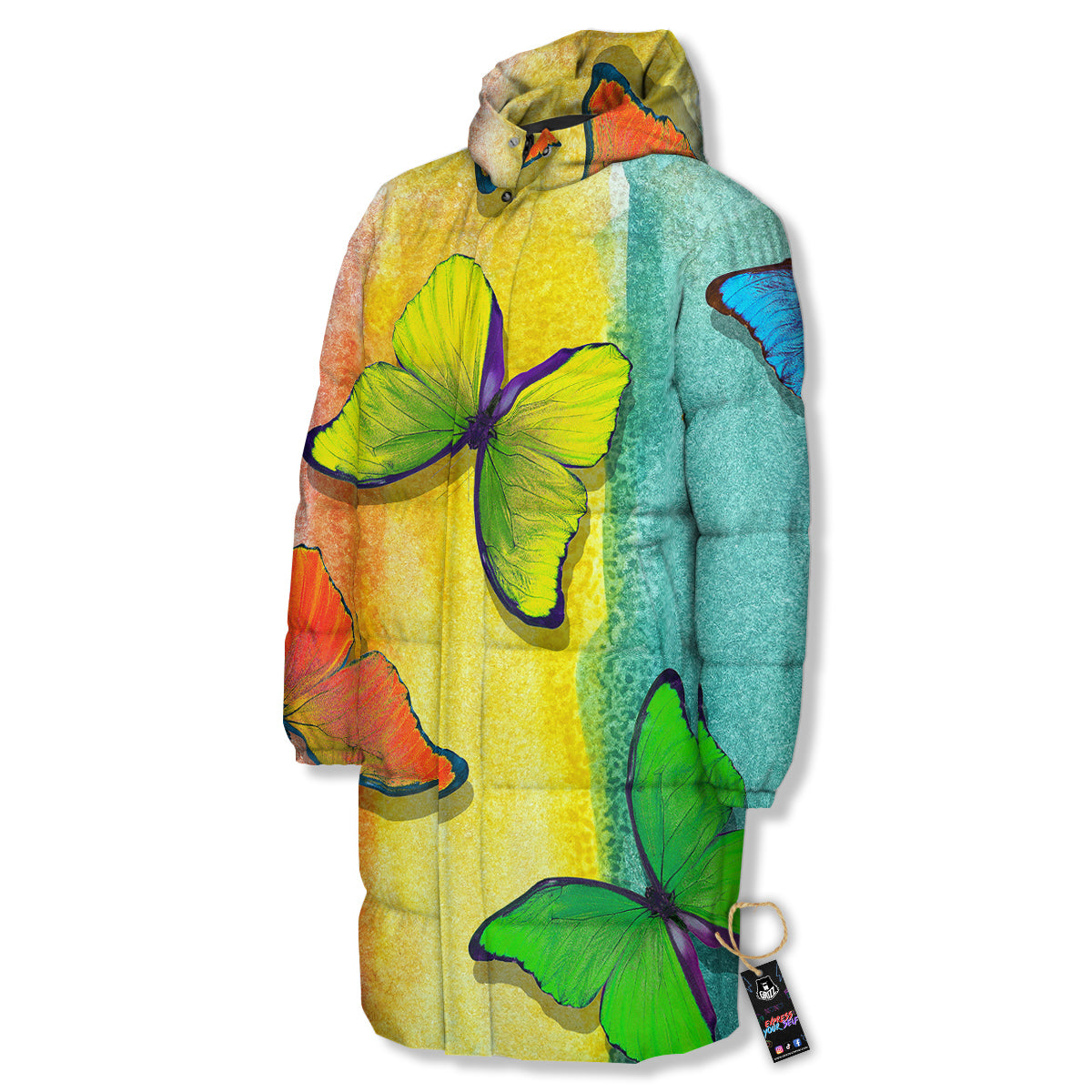 Butterfly Colorful Watercolor Print Long Down Jacket