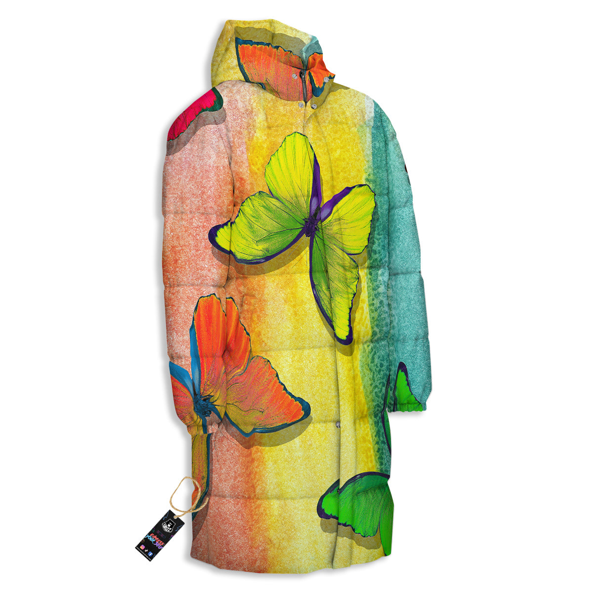 Butterfly Colorful Watercolor Print Long Down Jacket