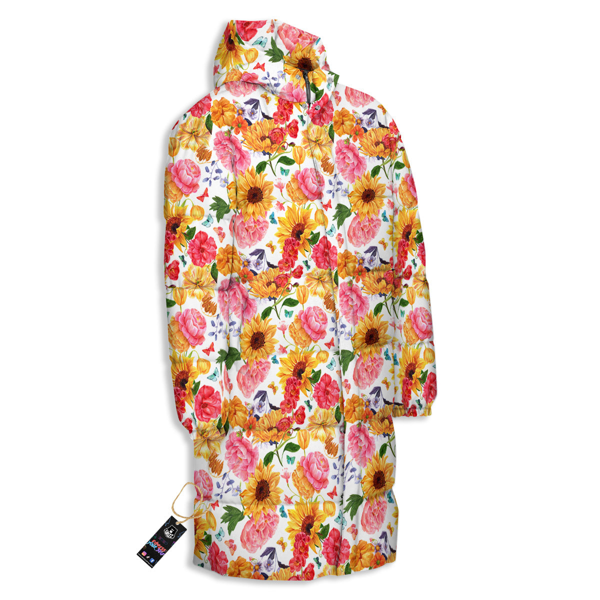 Butterfly Sunflowers Peonies Print Pattern Long Down Jacket