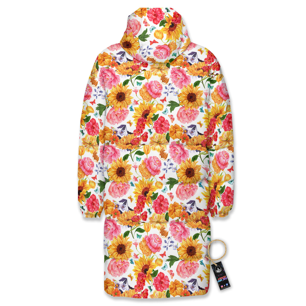 Butterfly Sunflowers Peonies Print Pattern Long Down Jacket