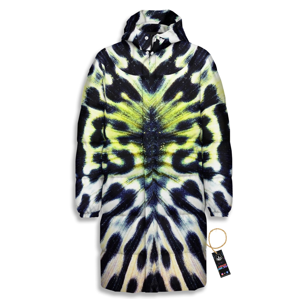 Butterfly Wing Skin Black White And Green Print Long Down Jacket