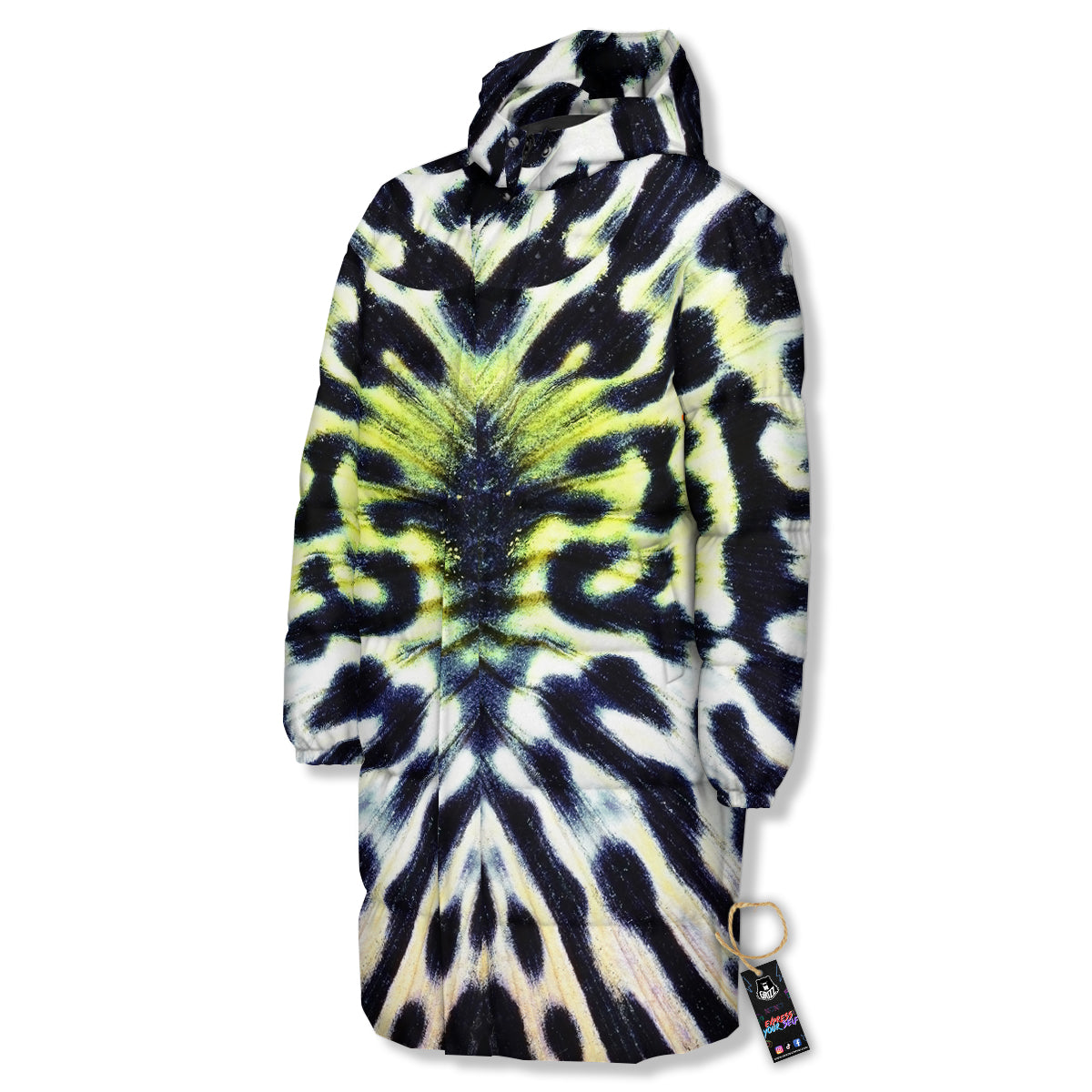 Butterfly Wing Skin Black White And Green Print Long Down Jacket
