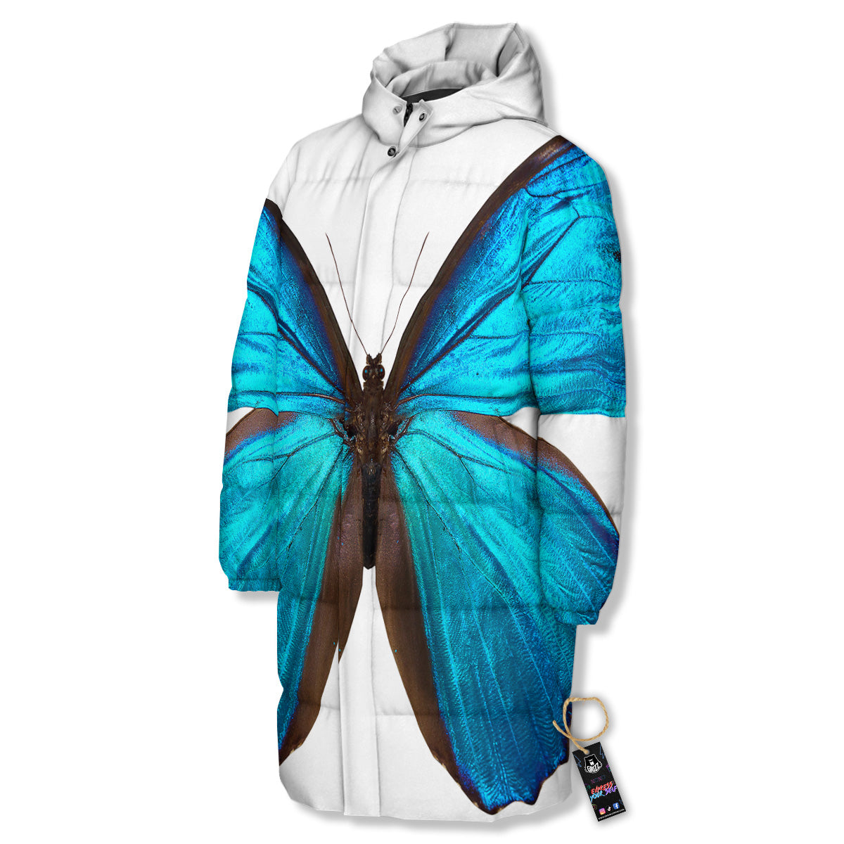 Butterfly Wings Blue Monarch Print Long Down Jacket