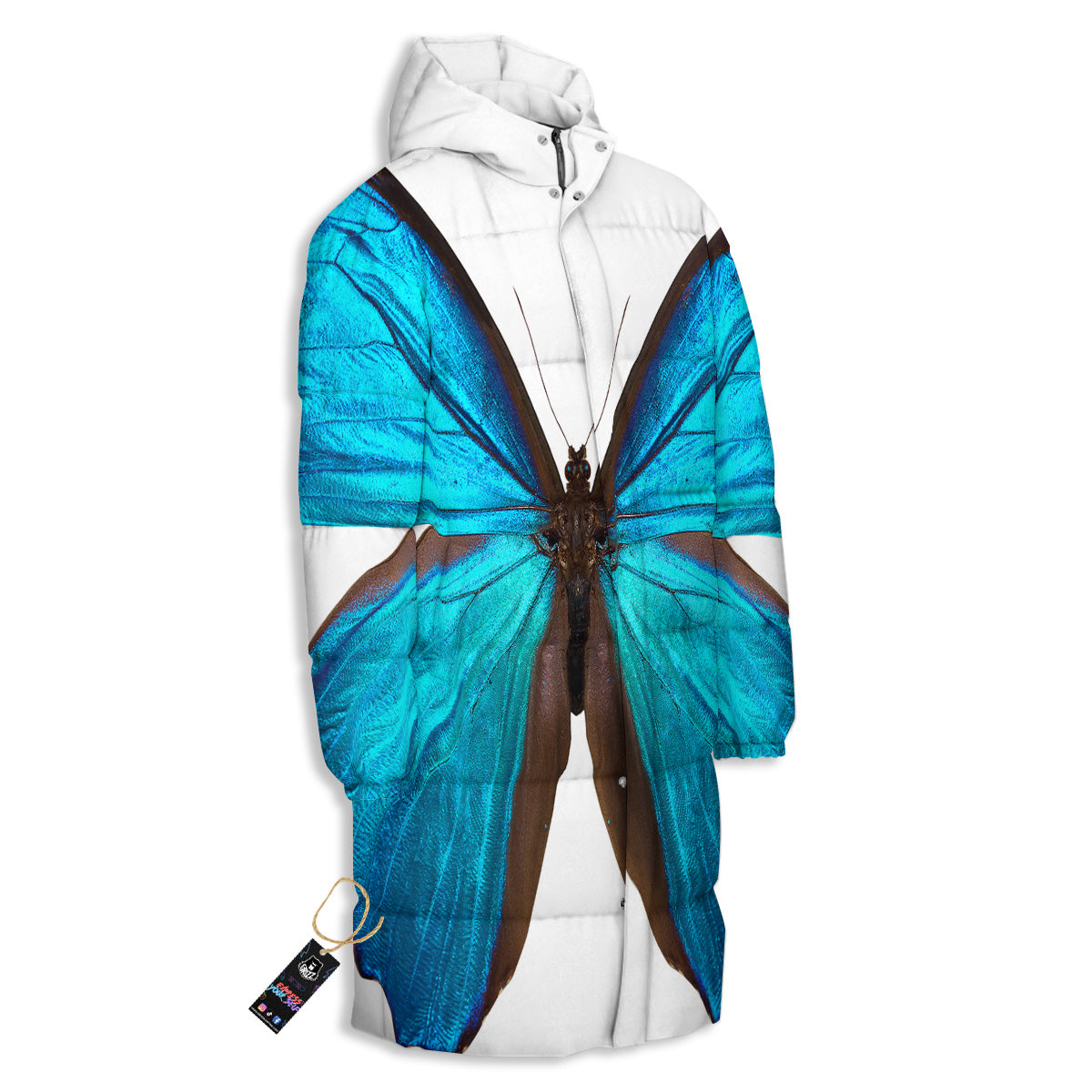 Butterfly Wings Blue Monarch Print Long Down Jacket