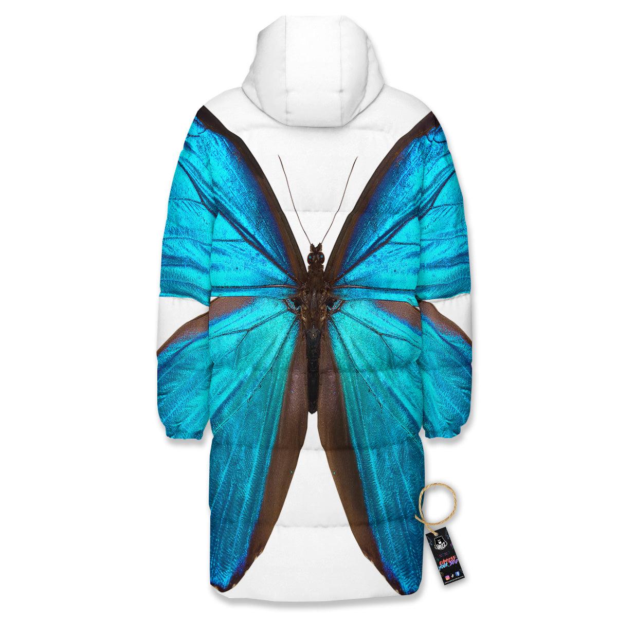 Butterfly Wings Blue Monarch Print Long Down Jacket