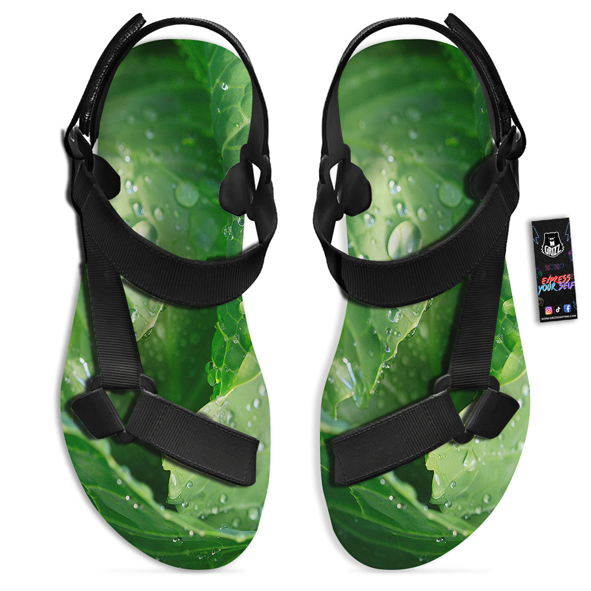 Cabbage Fresh Leaf Print Black Open Toe Sandals-grizzshop