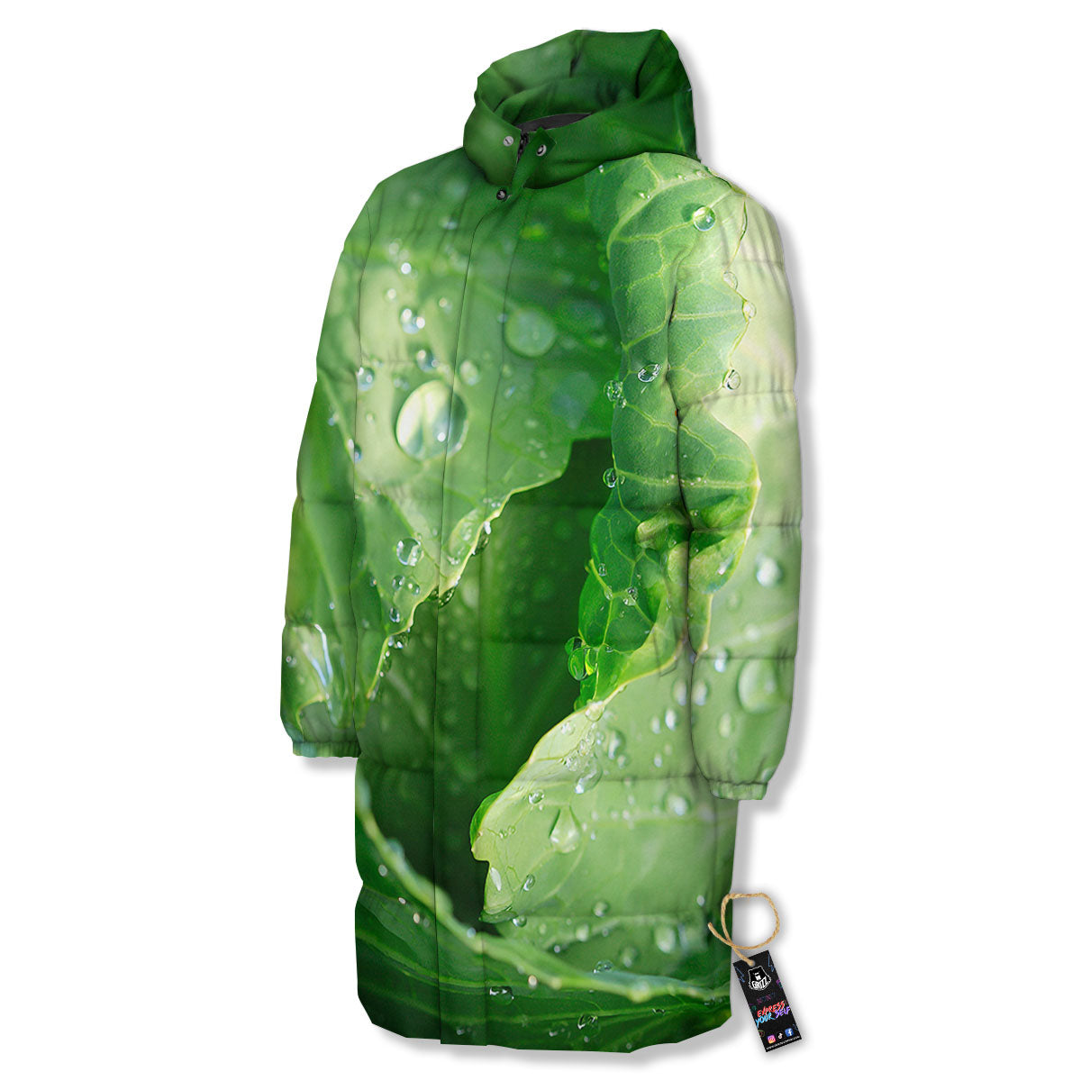 Cabbage Fresh Leaf Print Long Down Jacket-grizzshop