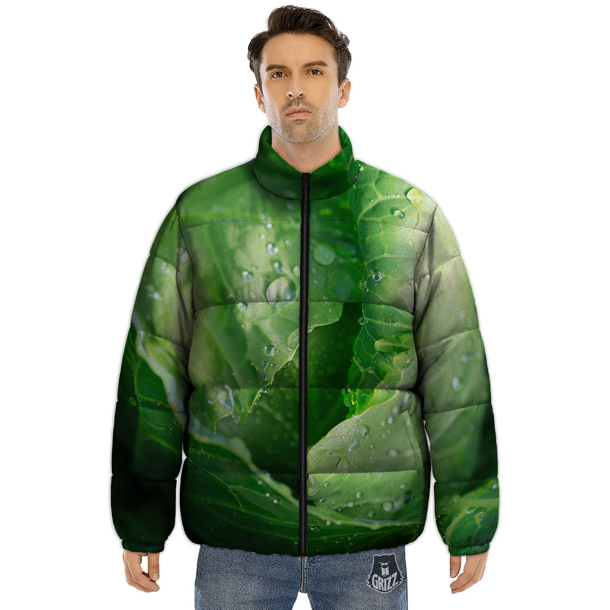 Cabbage Fresh Leaf Print Puffer Jacket-grizzshop