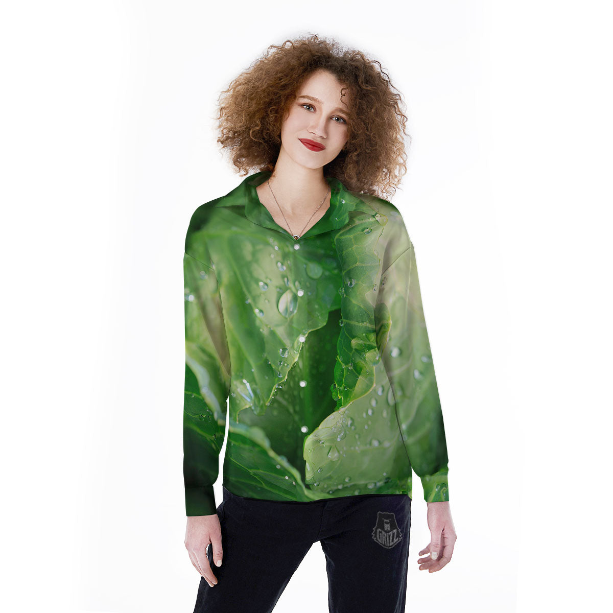 Cabbage Fresh Leaf Print Women's Long Sleeve Shirts-grizzshop