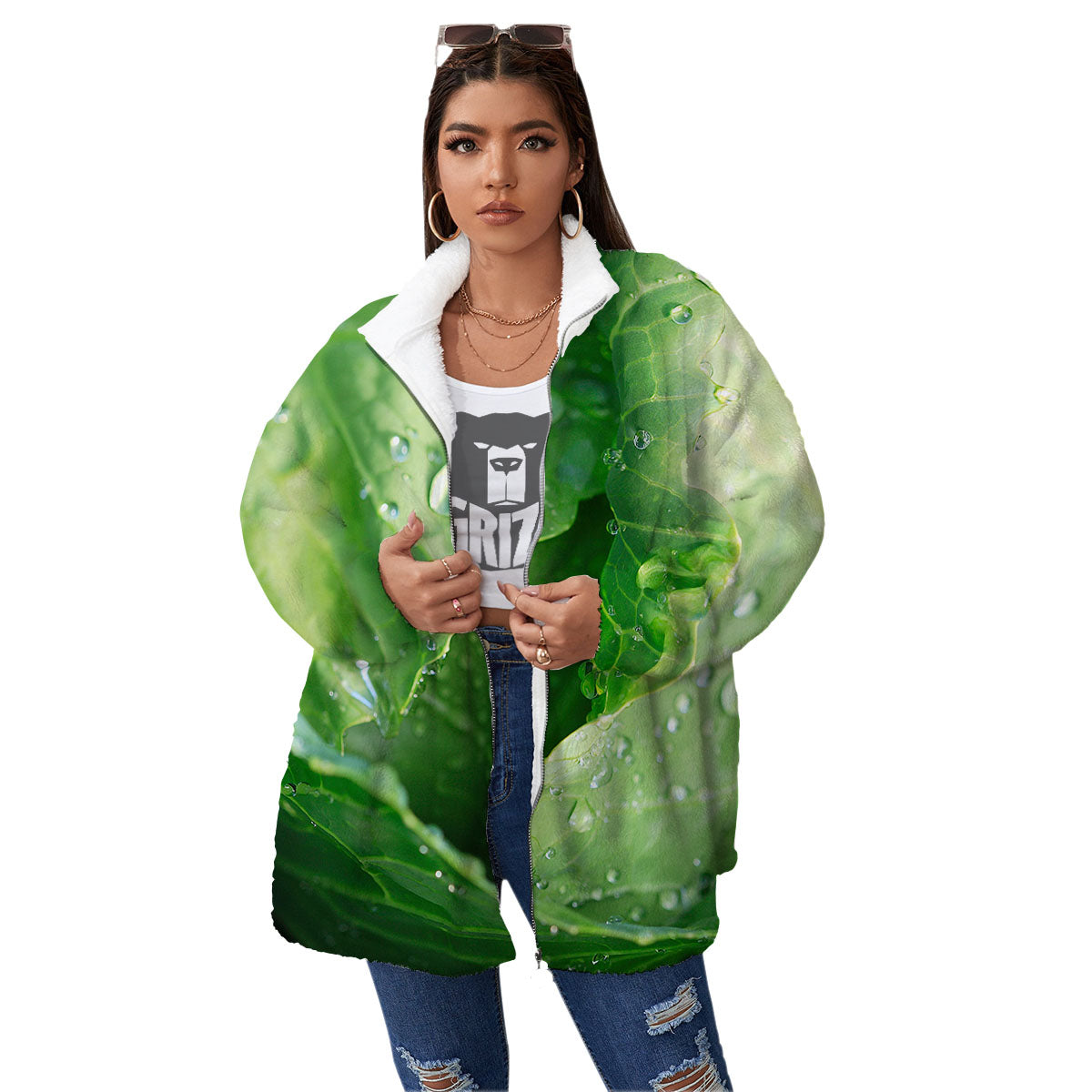 Cabbage Fresh Leaf Print Women's Sherpa Jacket-grizzshop