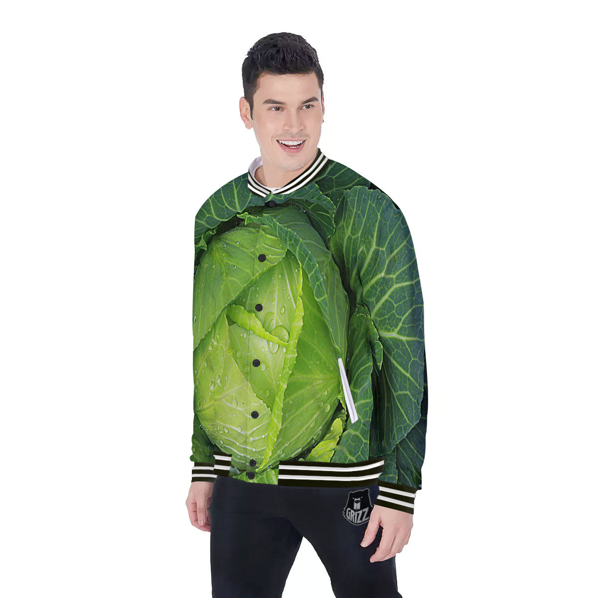 Cabbage Green Print Baseball Jacket-grizzshop