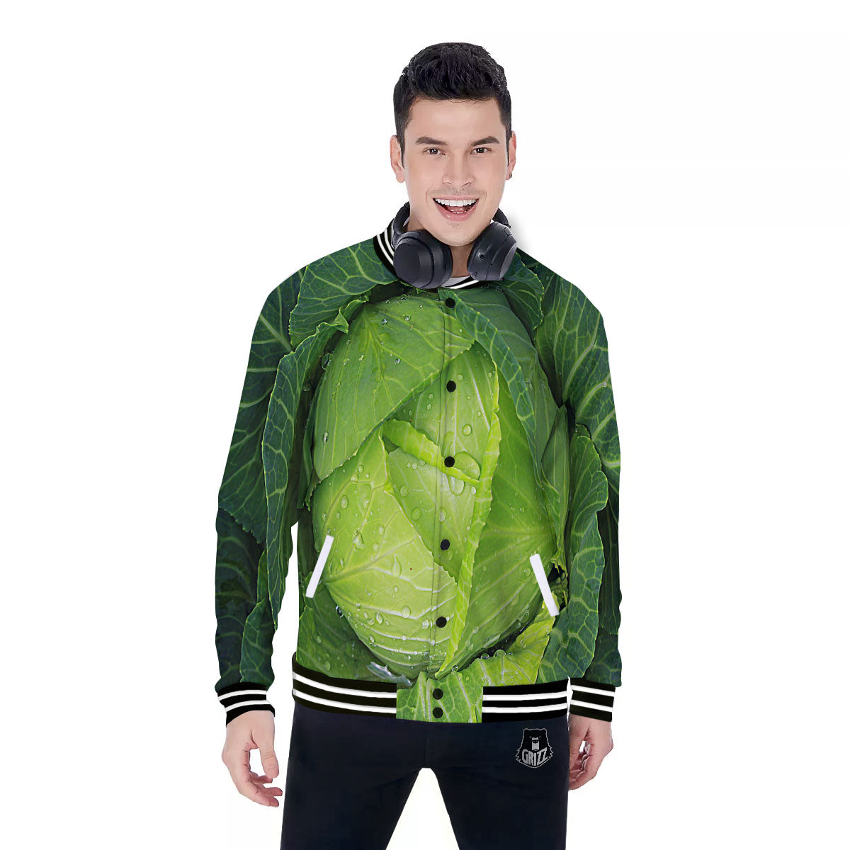 Cabbage Green Print Baseball Jacket-grizzshop