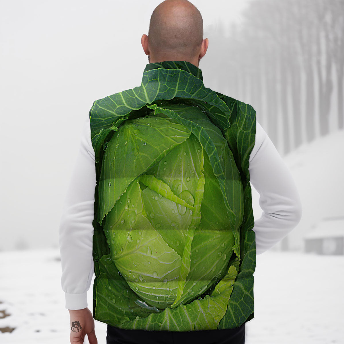 Cabbage Green Print Down Vest-grizzshop