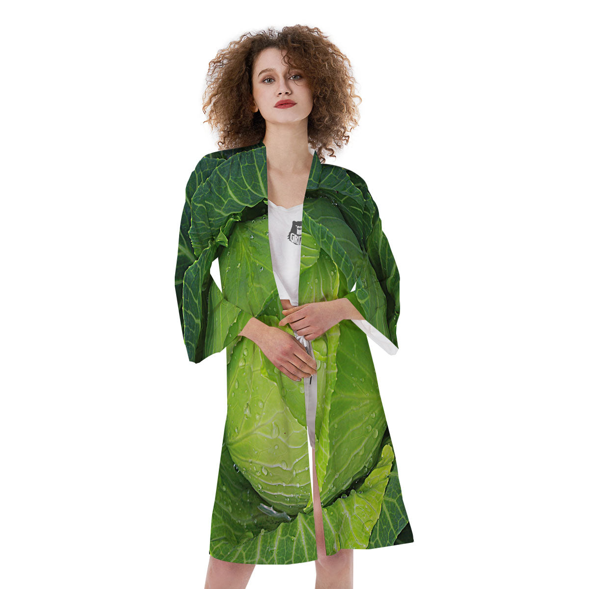 Cabbage Green Print Kimono-grizzshop
