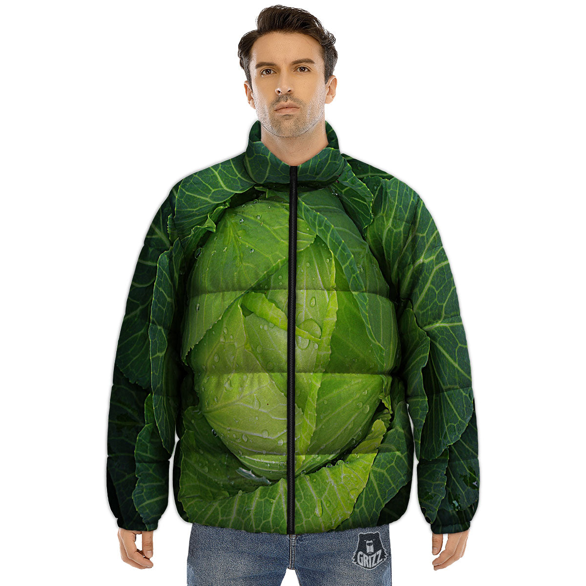 Cabbage Green Print Puffer Jacket-grizzshop