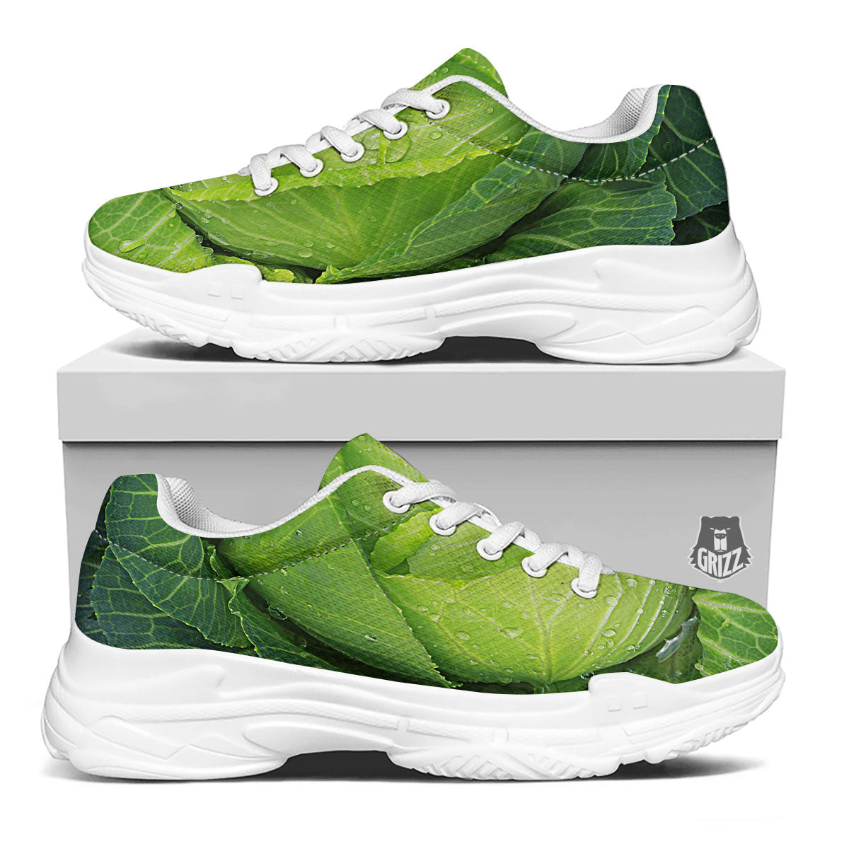Cabbage Green Print White Chunky Shoes-grizzshop