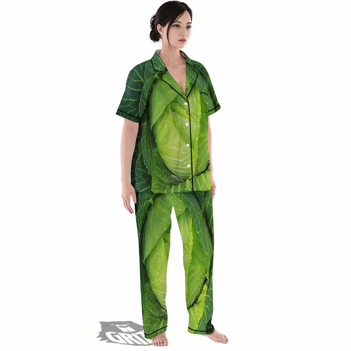 Cabbage Green Print Women's Pajamas Set-grizzshop