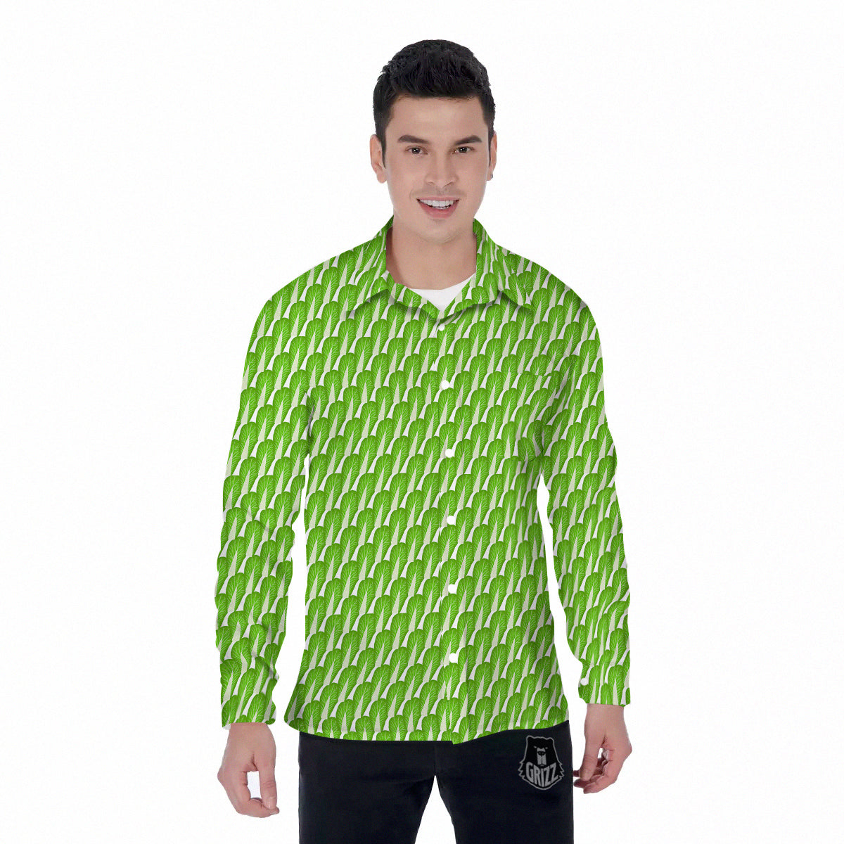 Cabbage Leaf Chinese Print Men's Long Sleeve Shirts-grizzshop