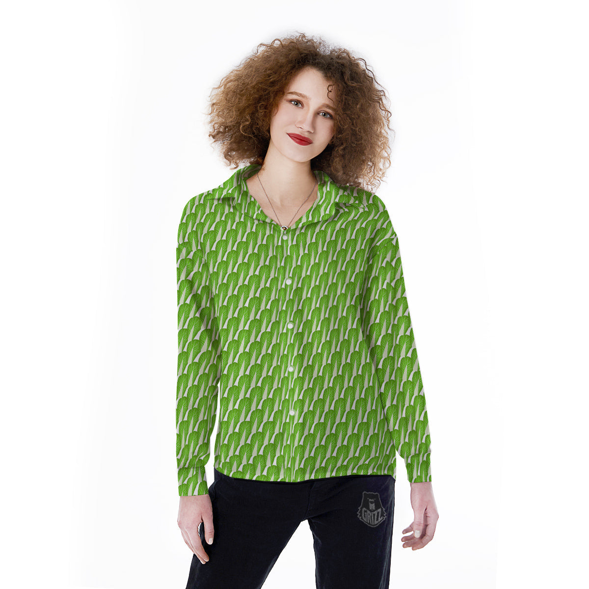 Cabbage Leaf Chinese Print Women's Long Sleeve Shirts-grizzshop