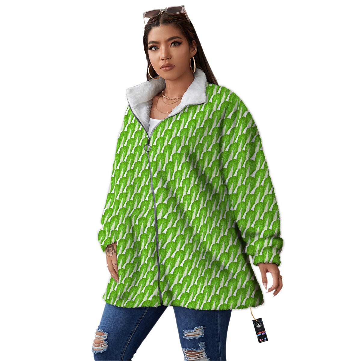 Cabbage Leaf Chinese Print Women's Sherpa Jacket-grizzshop