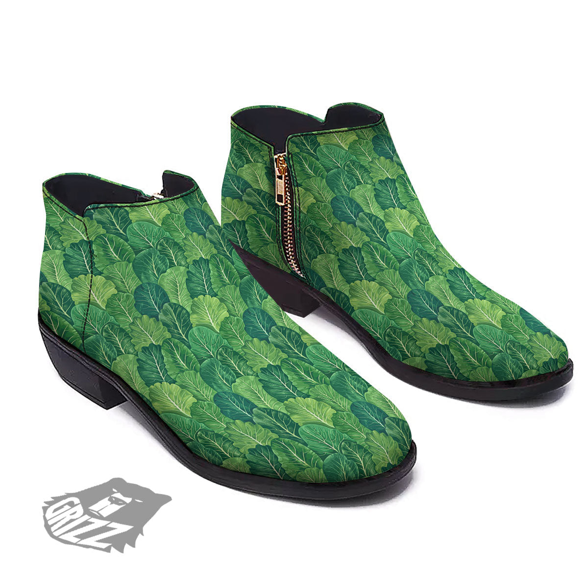Cabbage Leaf Green Print Ankle Boots-grizzshop