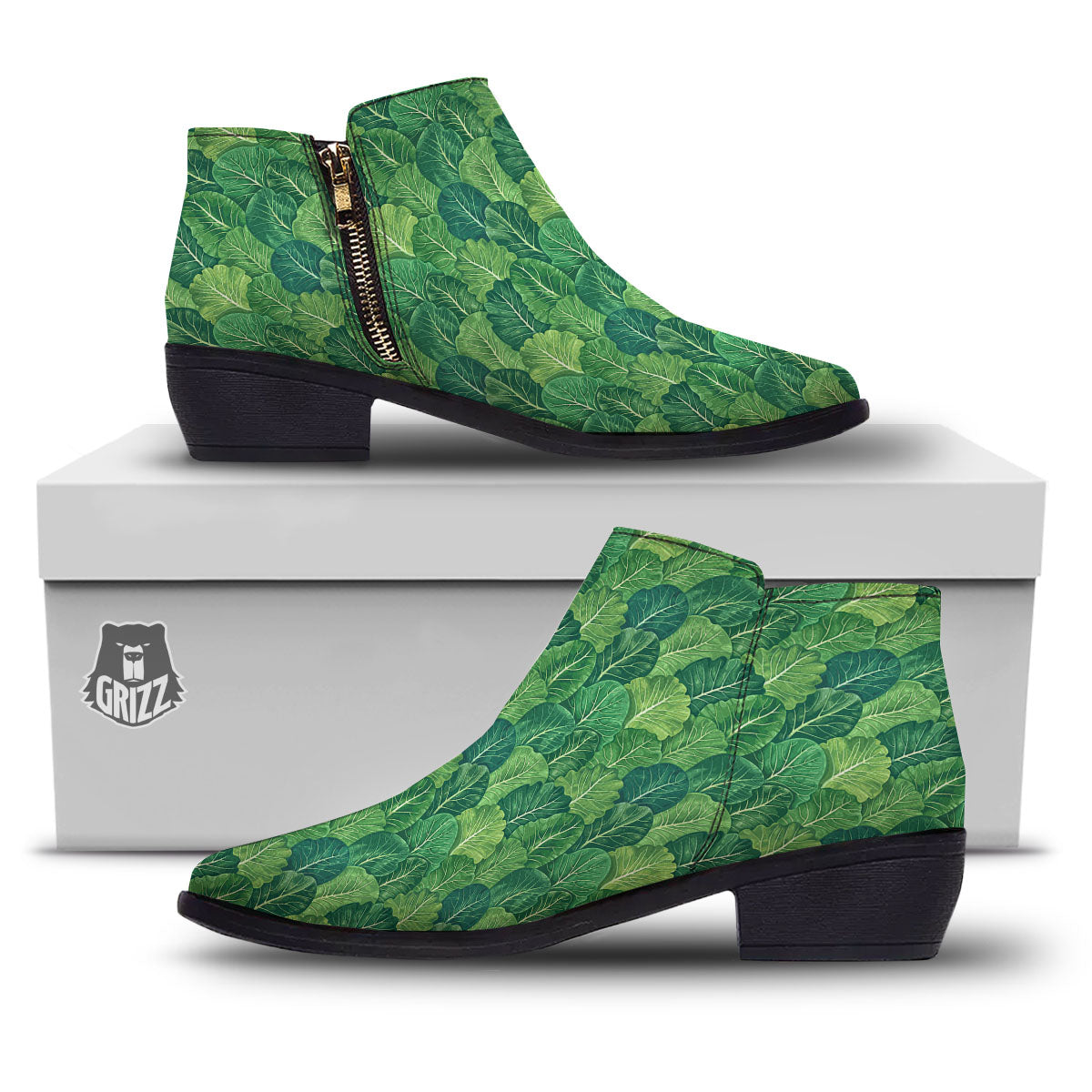 Cabbage Leaf Green Print Ankle Boots-grizzshop