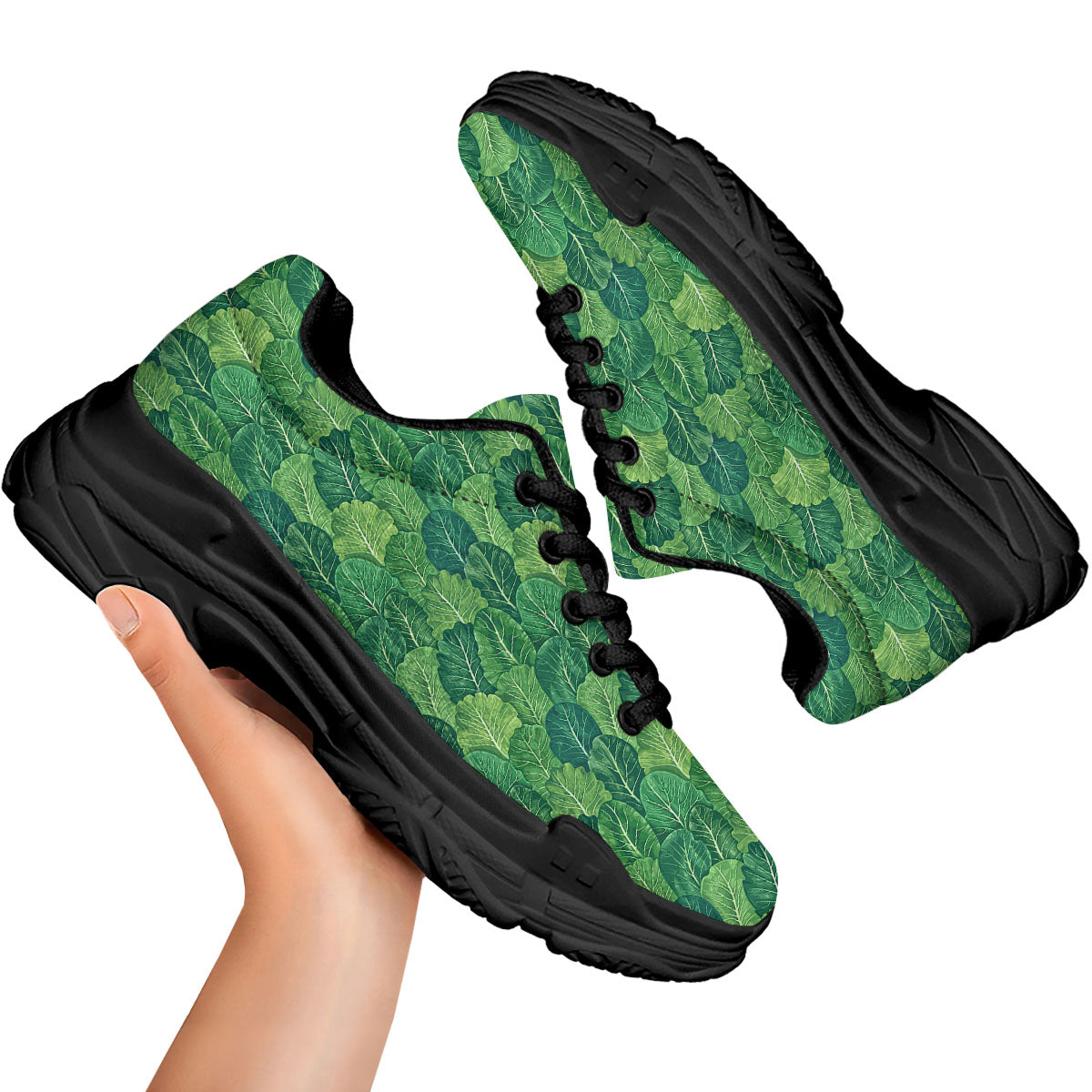 Cabbage Leaf Green Print Black Chunky Shoes-grizzshop