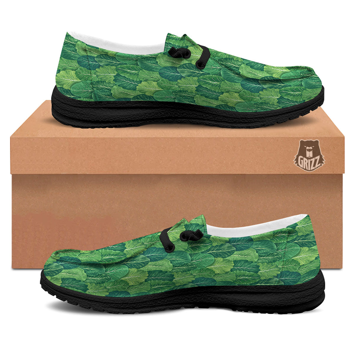 Cabbage Leaf Green Print Black Loafers-grizzshop