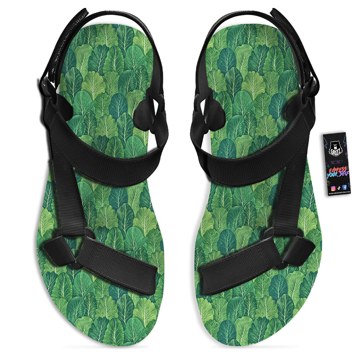 Cabbage Leaf Green Print Black Open Toe Sandals-grizzshop