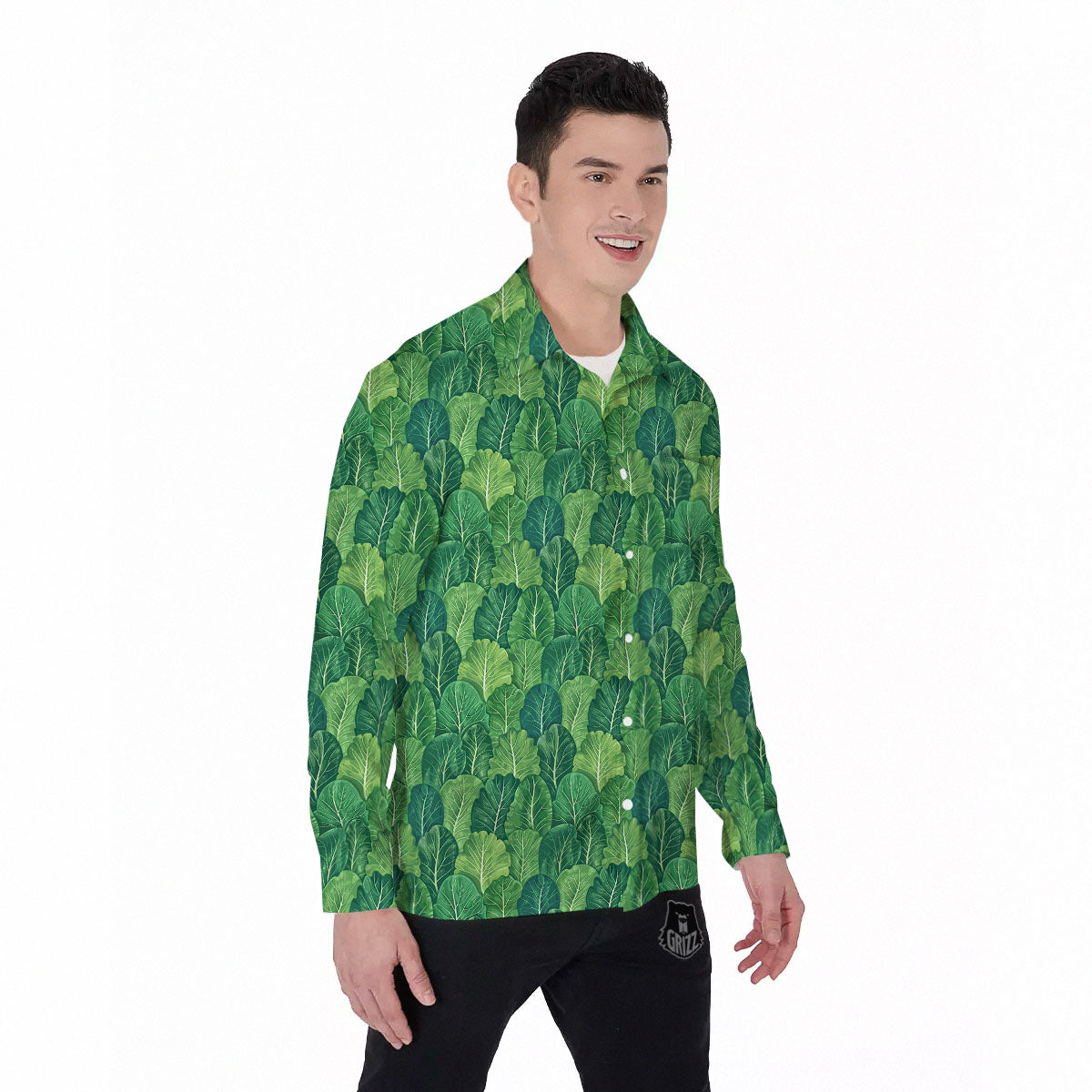 Cabbage Leaf Green Print Men's Long Sleeve Shirts-grizzshop