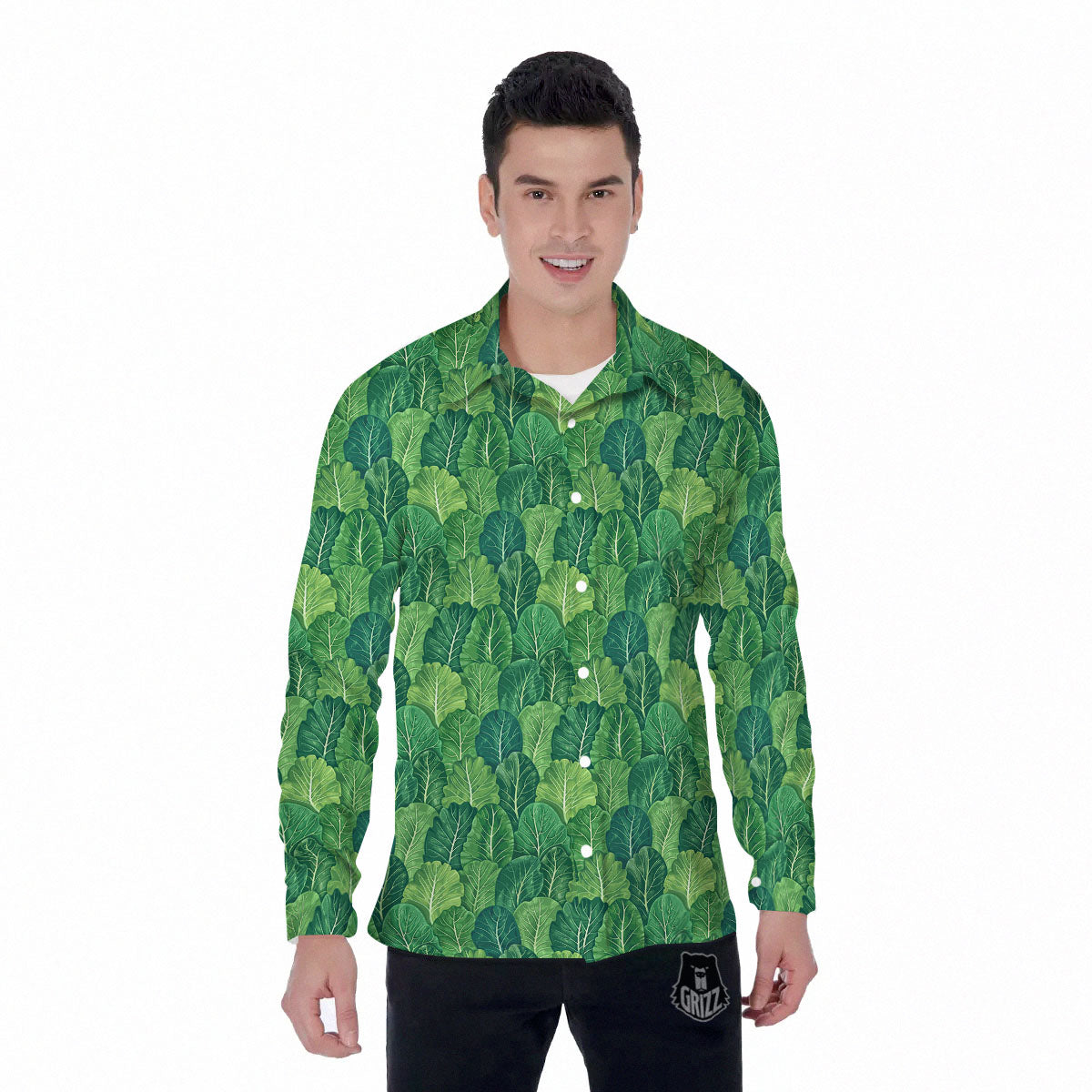 Cabbage Leaf Green Print Men's Long Sleeve Shirts-grizzshop