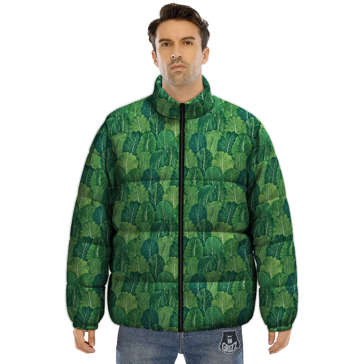 Cabbage Leaf Green Print Puffer Jacket-grizzshop
