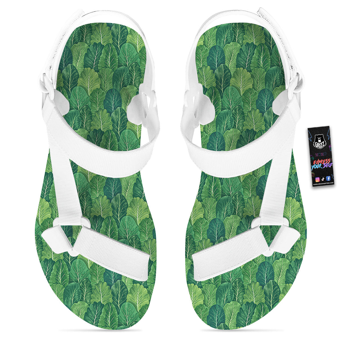 Cabbage Leaf Green Print White Open Toe Sandals-grizzshop