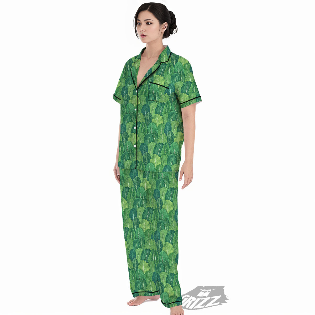 Cabbage Leaf Green Print Women's Pajamas Set-grizzshop