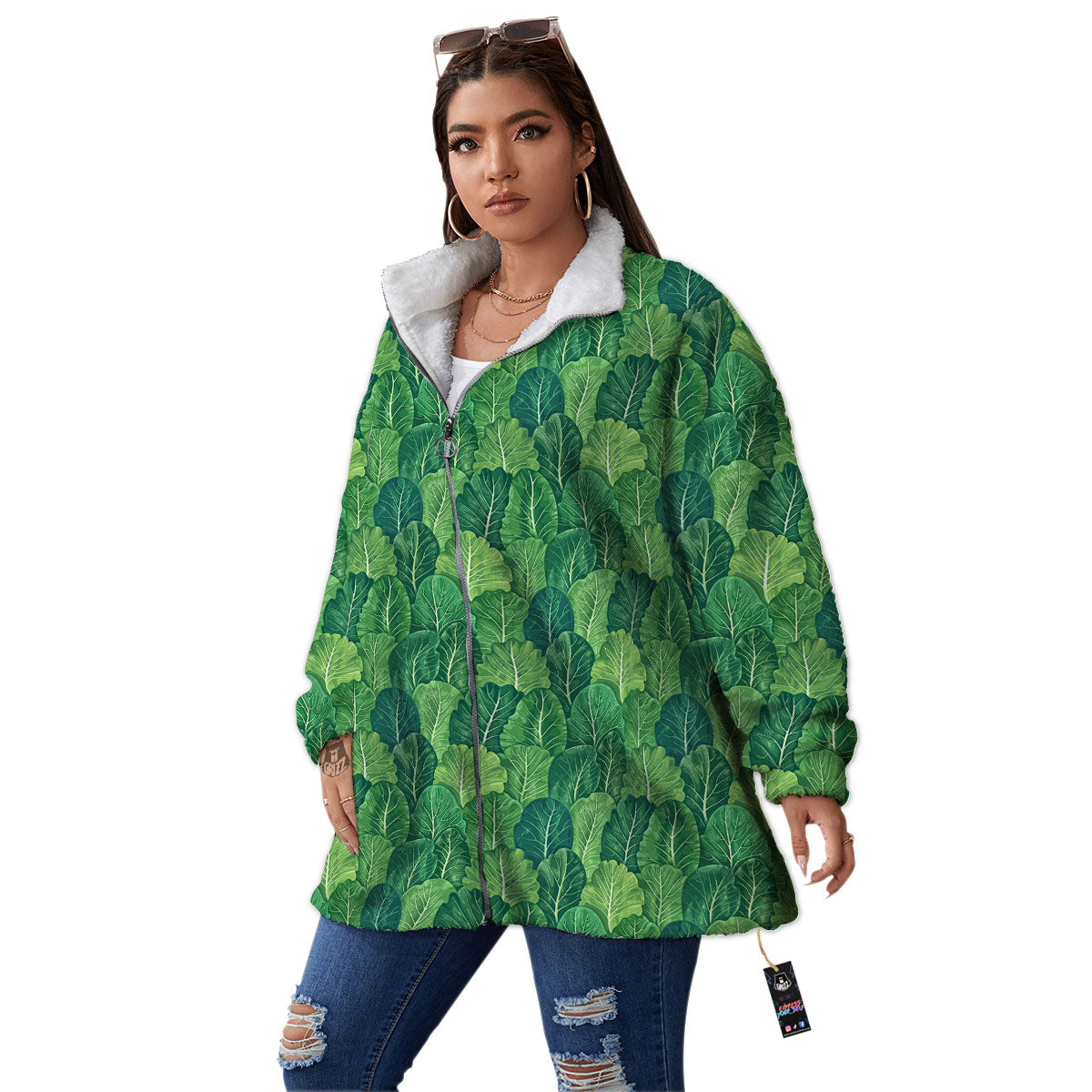 Cabbage Leaf Green Print Women's Sherpa Jacket-grizzshop