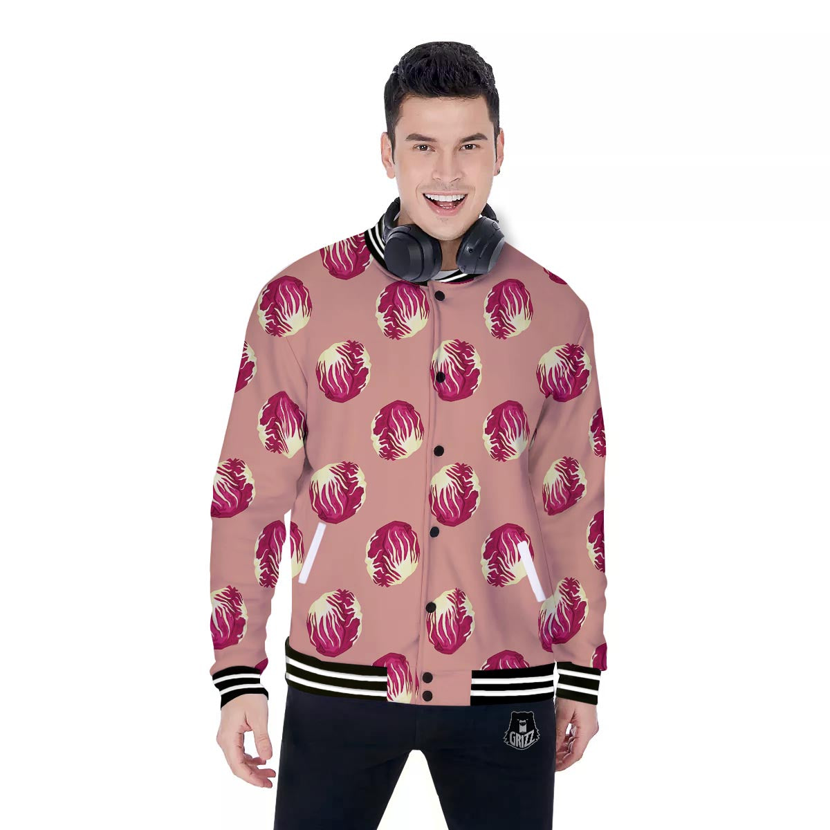 Cabbage Red Print Pattern Baseball Jacket-grizzshop
