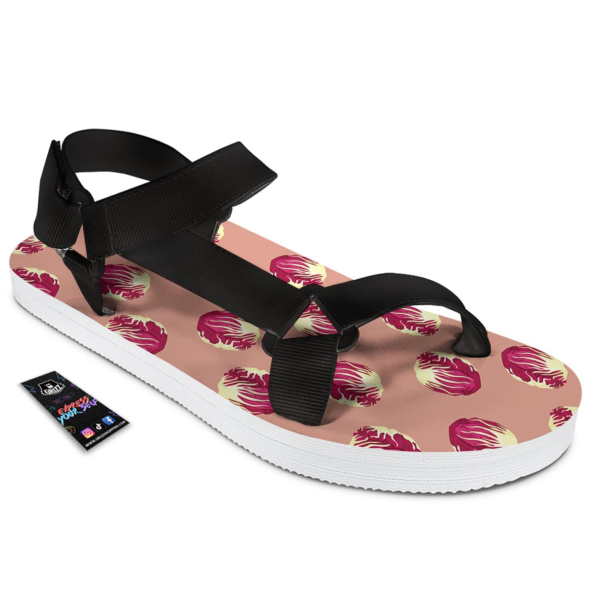 Cabbage Red Print Pattern Black Open Toe Sandals-grizzshop